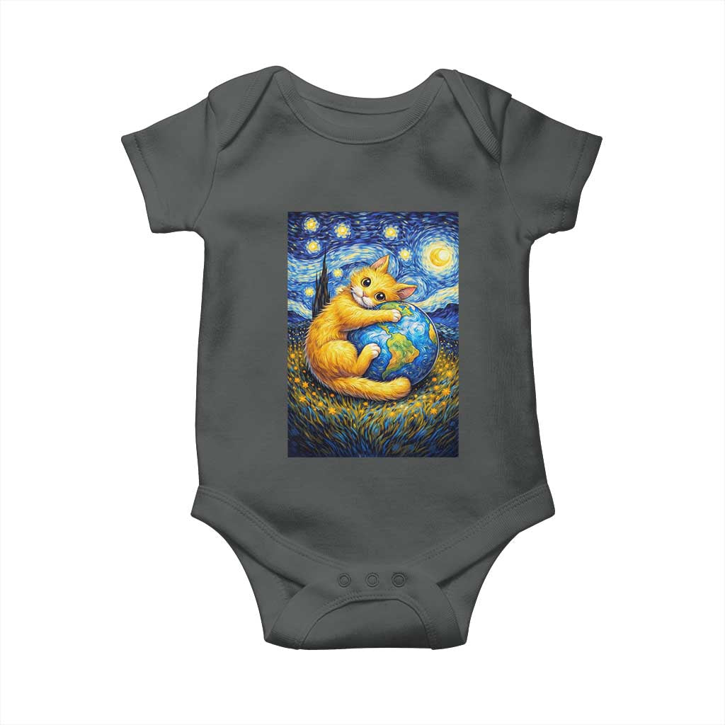 Earth Day Baby Onesie Starry Night Cat Hugging Earth