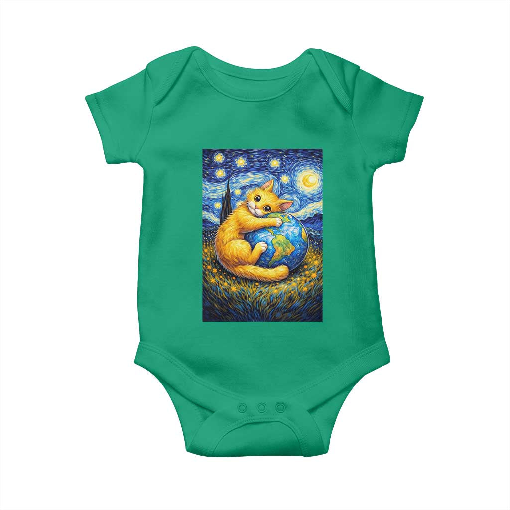 Earth Day Baby Onesie Starry Night Cat Hugging Earth