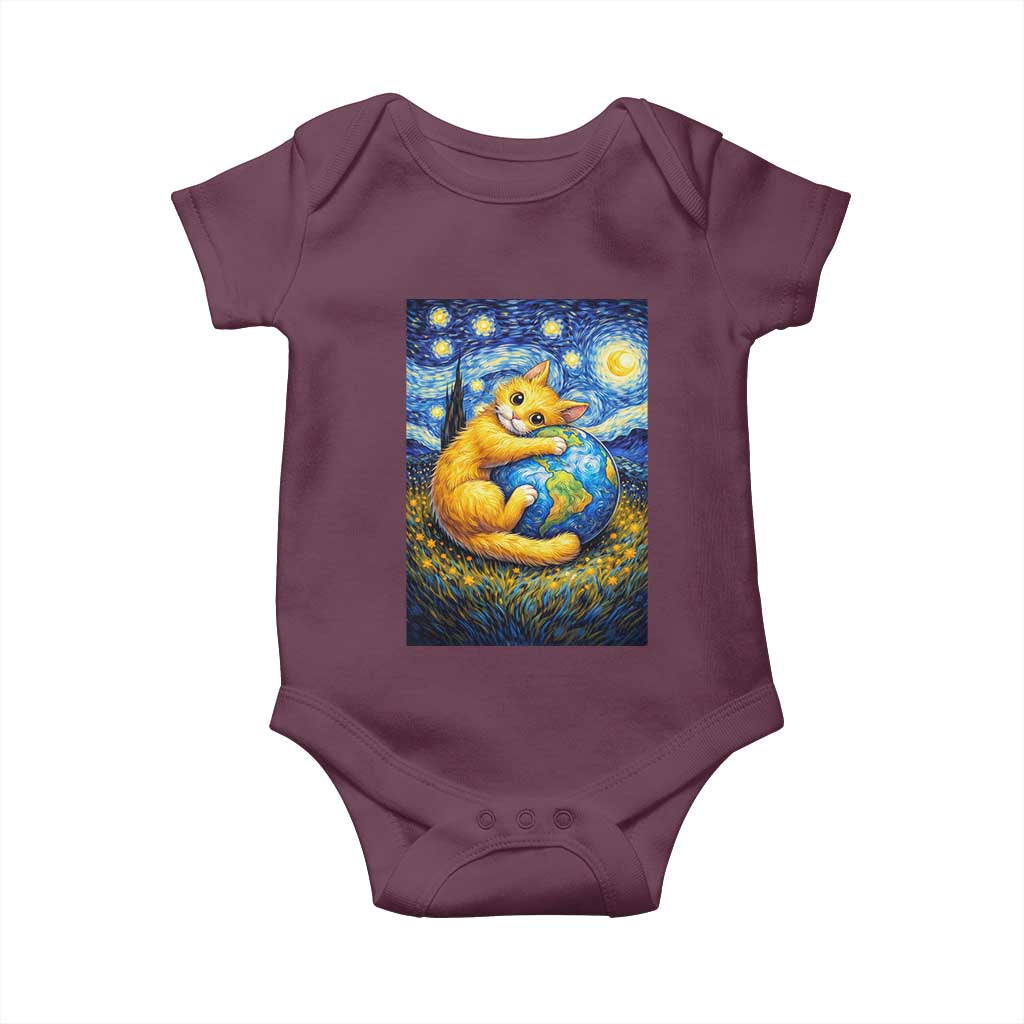 Earth Day Baby Onesie Starry Night Cat Hugging Earth