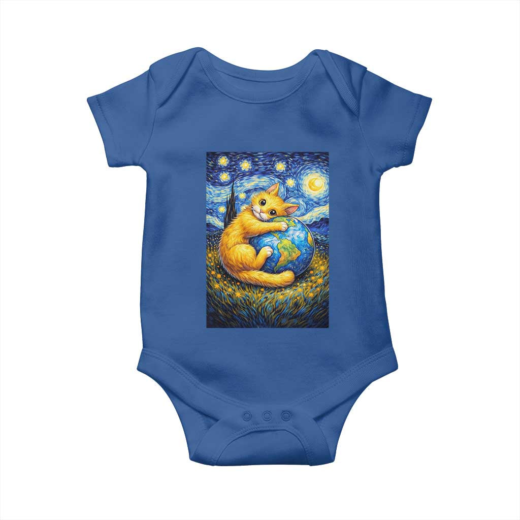 Earth Day Baby Onesie Starry Night Cat Hugging Earth