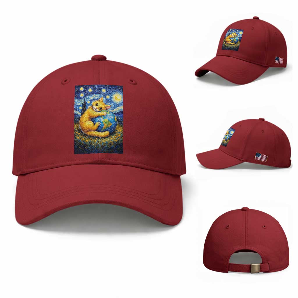 Earth Day Baseball Cap Starry Night Cat Hugging Earth