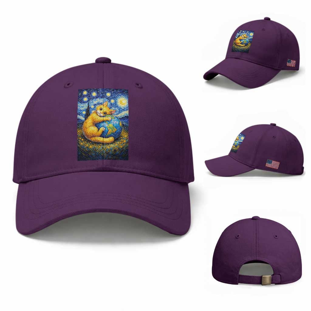 Earth Day Baseball Cap Starry Night Cat Hugging Earth