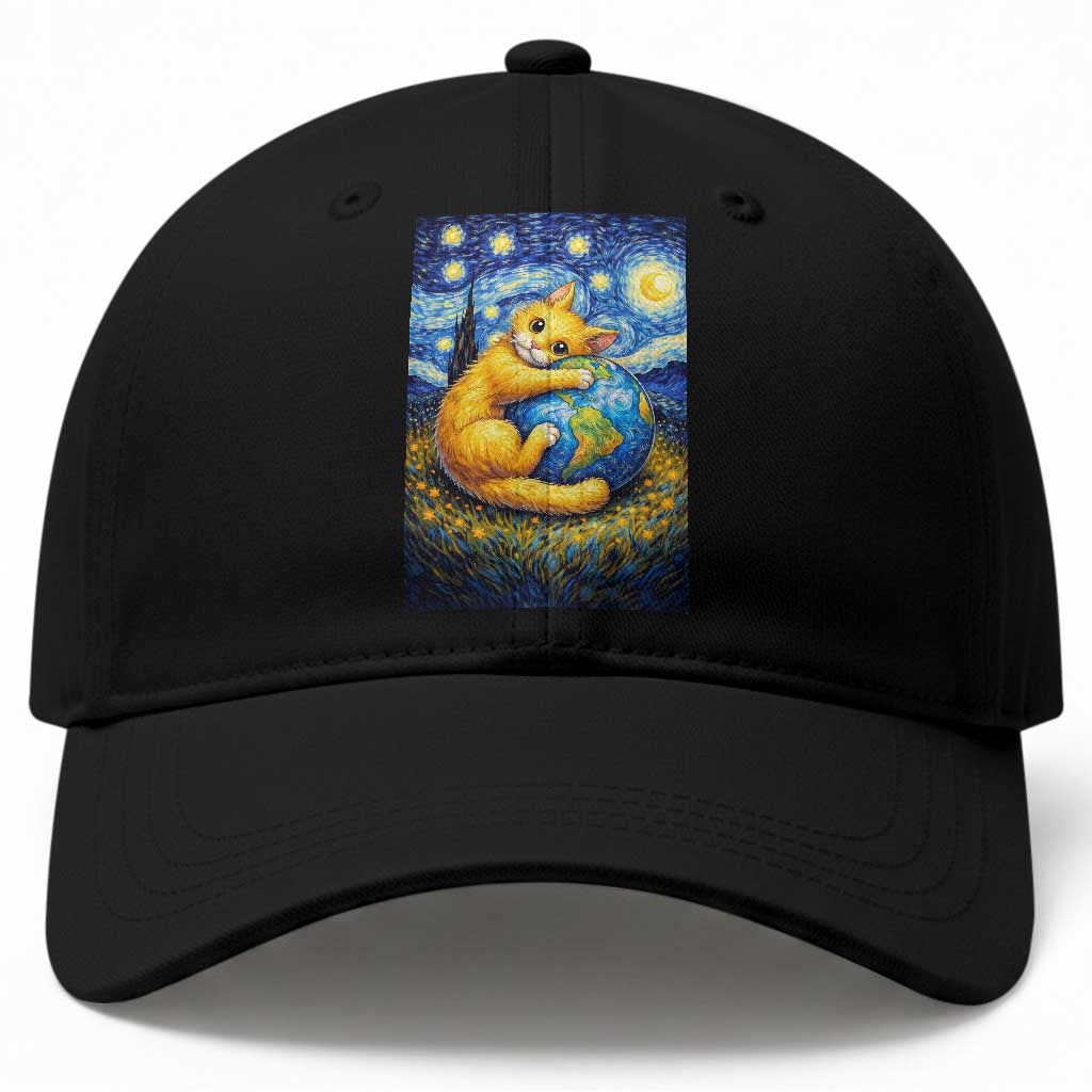 Earth Day Baseball Cap Starry Night Cat Hugging Earth
