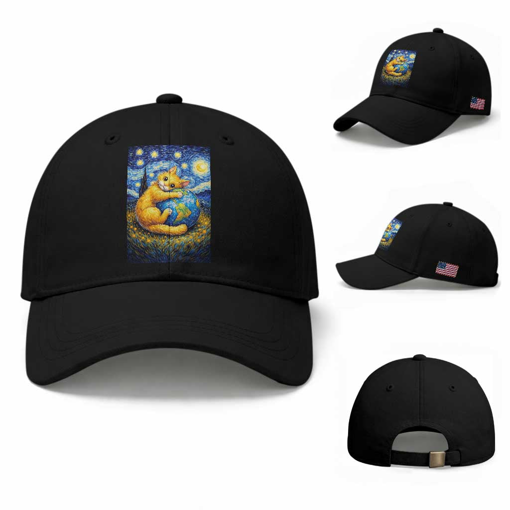Earth Day Baseball Cap Starry Night Cat Hugging Earth