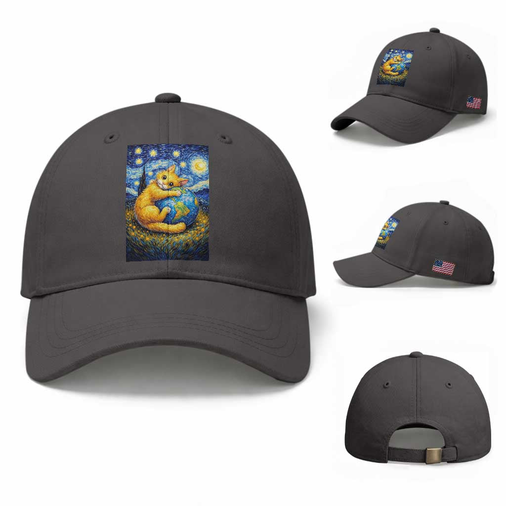 Earth Day Baseball Cap Starry Night Cat Hugging Earth