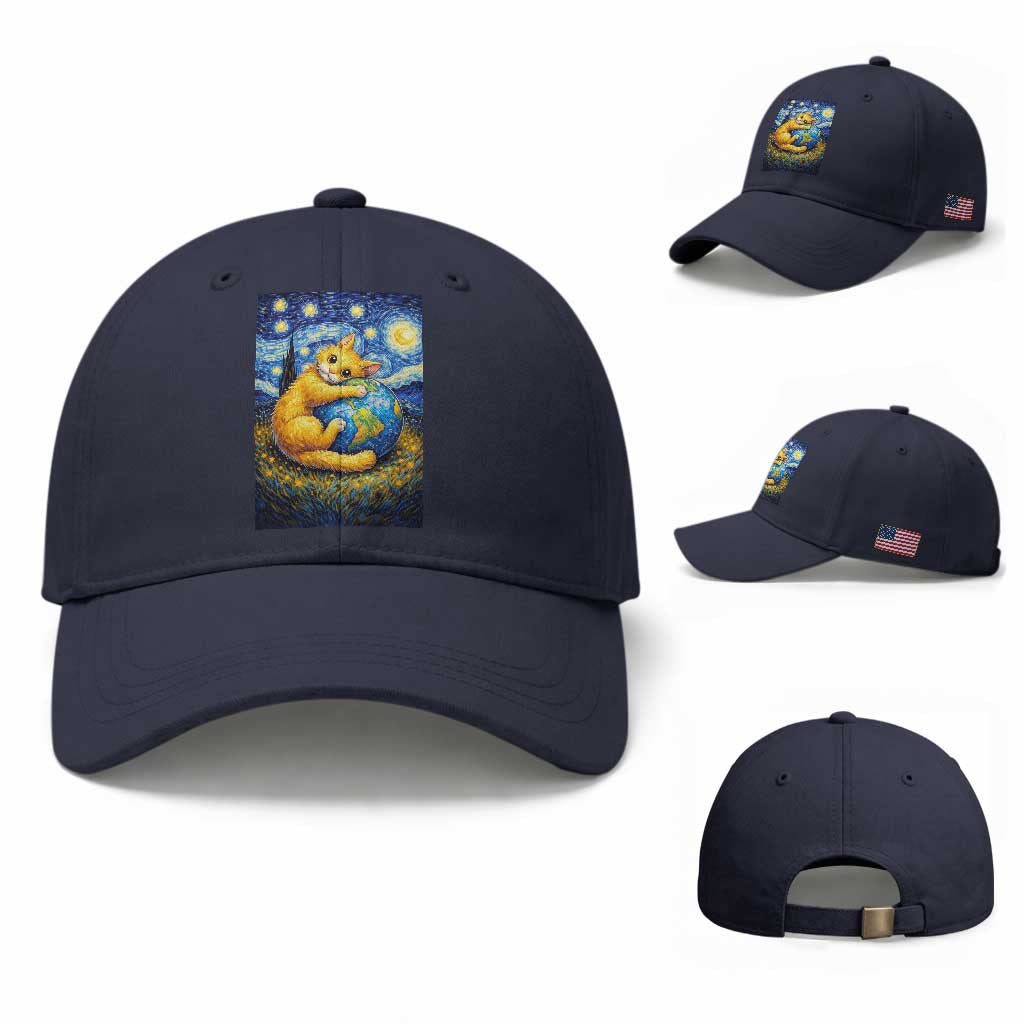 Earth Day Baseball Cap Starry Night Cat Hugging Earth