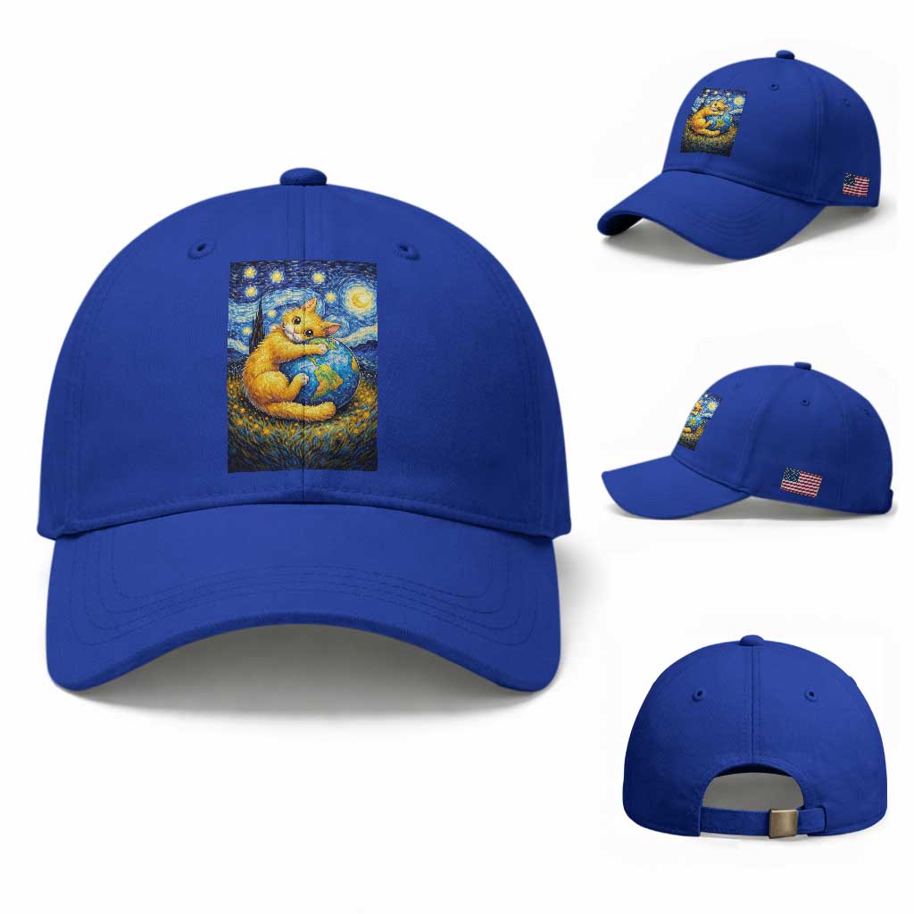 Earth Day Baseball Cap Starry Night Cat Hugging Earth