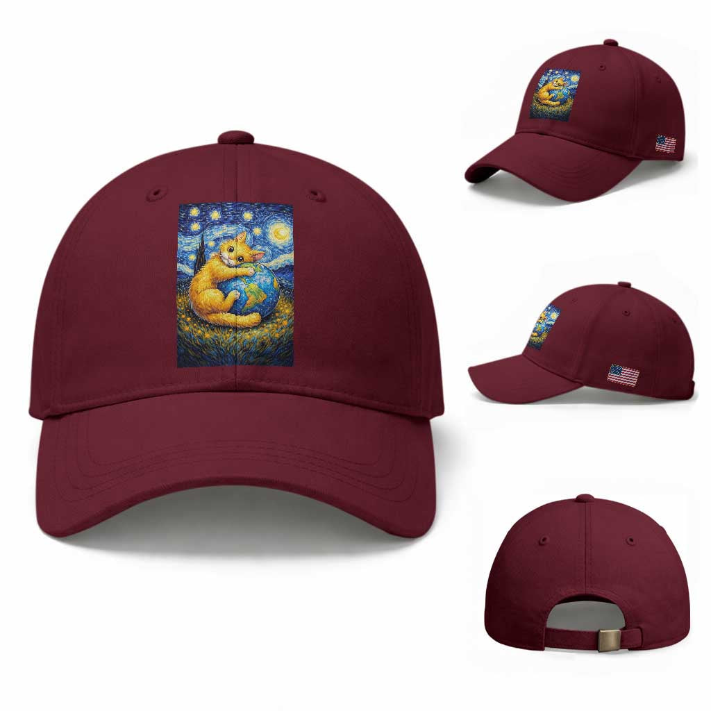 Earth Day Baseball Cap Starry Night Cat Hugging Earth