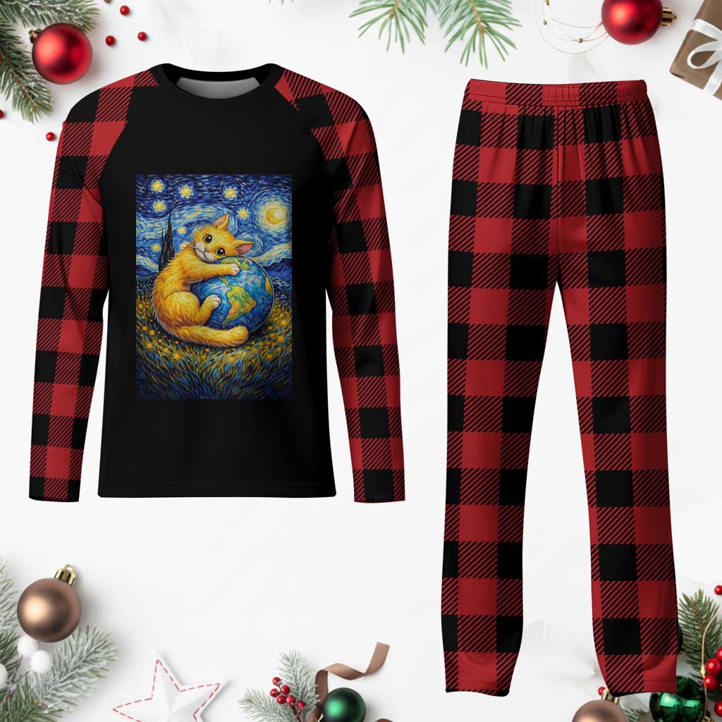 Earth Day Plaid Pajama Set Starry Night Cat Hugging Earth