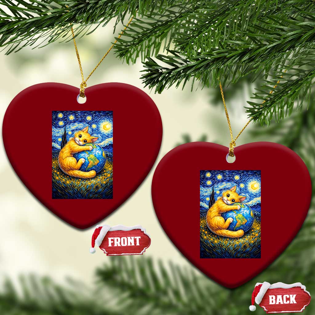 Earth Day Ceramic Ornament Starry Night Cat Hugging Earth