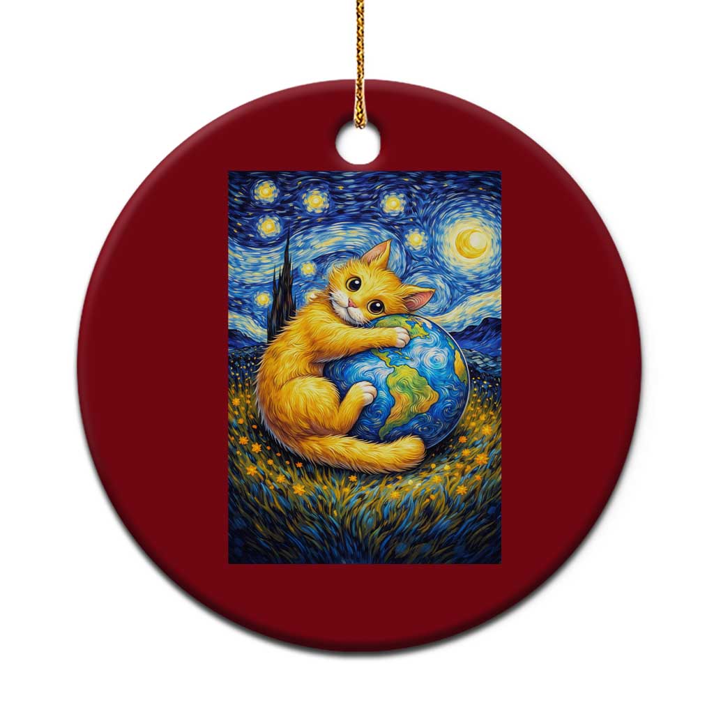 Earth Day Ceramic Ornament Starry Night Cat Hugging Earth