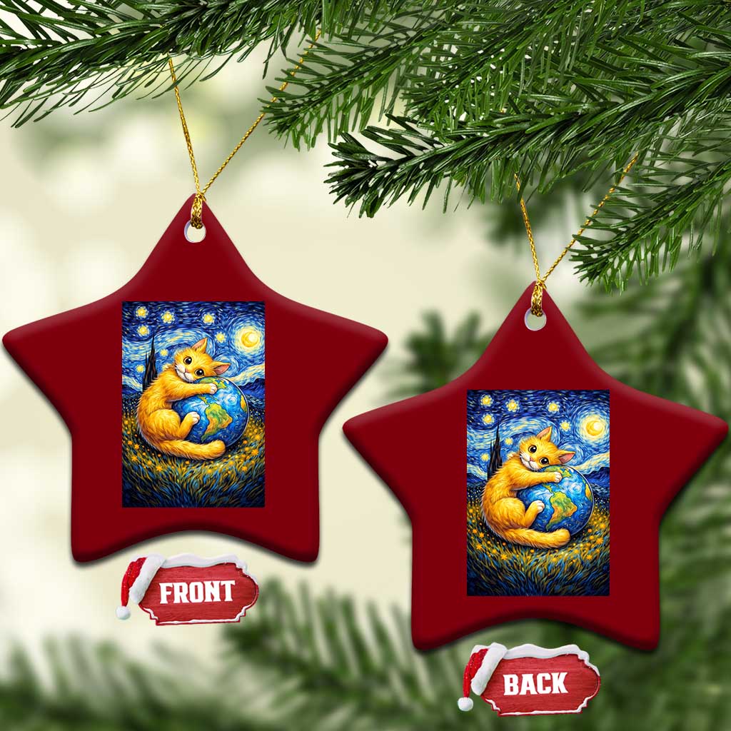 Earth Day Ceramic Ornament Starry Night Cat Hugging Earth