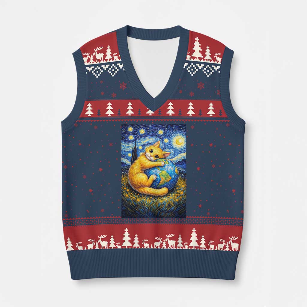 Earth Day V-Neck Knit Sweater Vest Starry Night Cat Hugging Earth