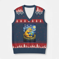 Earth Day V-Neck Knit Sweater Vest Starry Night Cat Hugging Earth