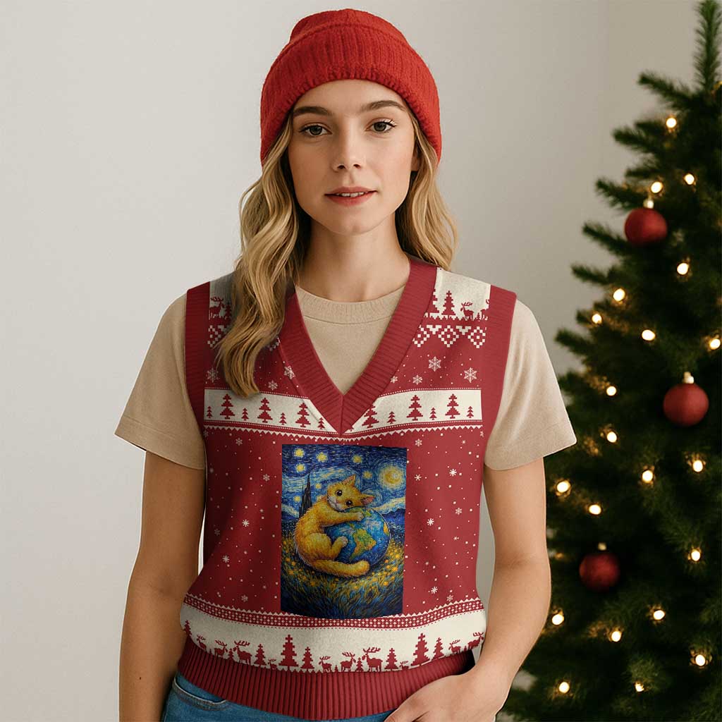 Earth Day V-Neck Knit Sweater Vest Starry Night Cat Hugging Earth