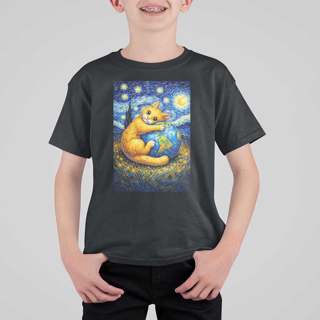 Earth Day T Shirt For Kid Starry Night Cat Hugging Earth