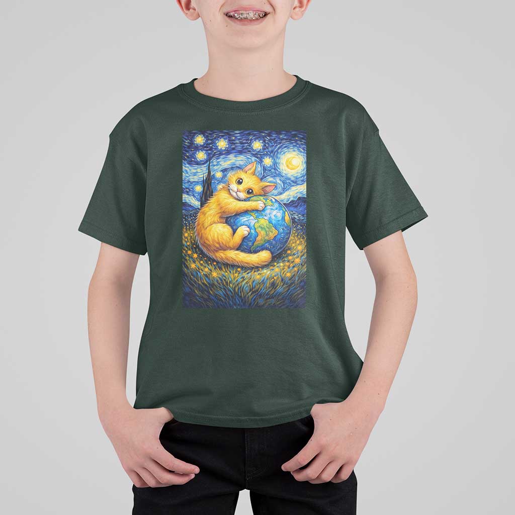 Earth Day T Shirt For Kid Starry Night Cat Hugging Earth