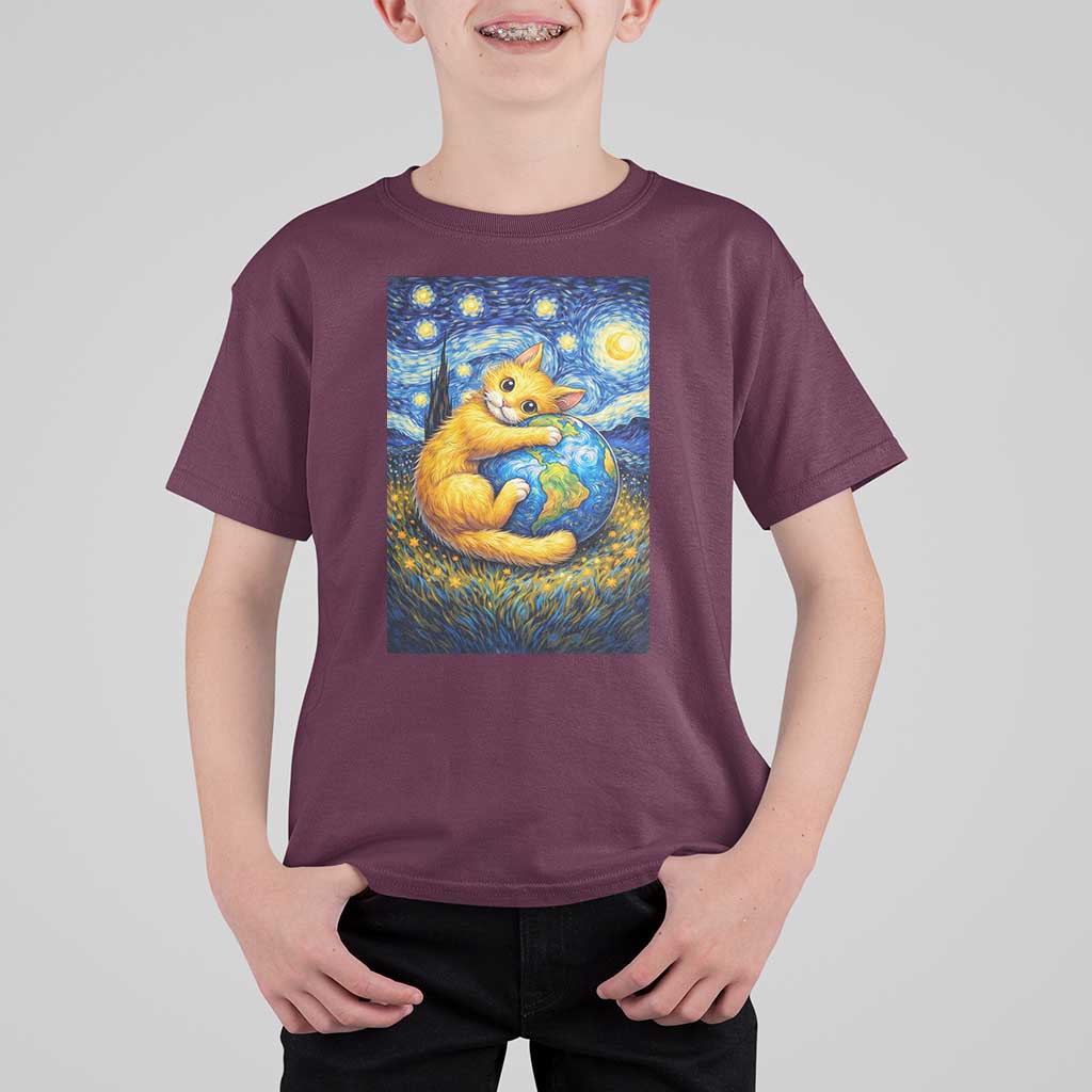 Earth Day T Shirt For Kid Starry Night Cat Hugging Earth