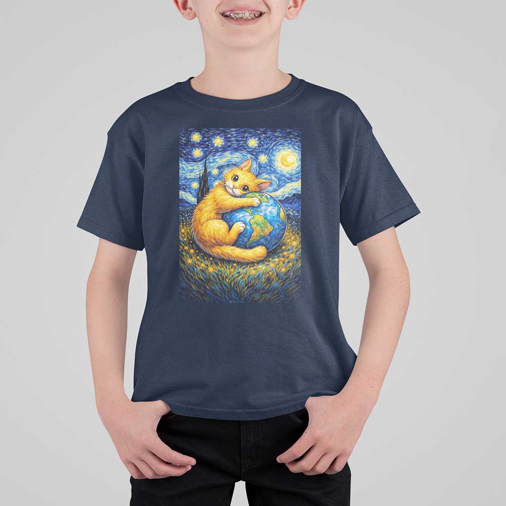 Earth Day T Shirt For Kid Starry Night Cat Hugging Earth