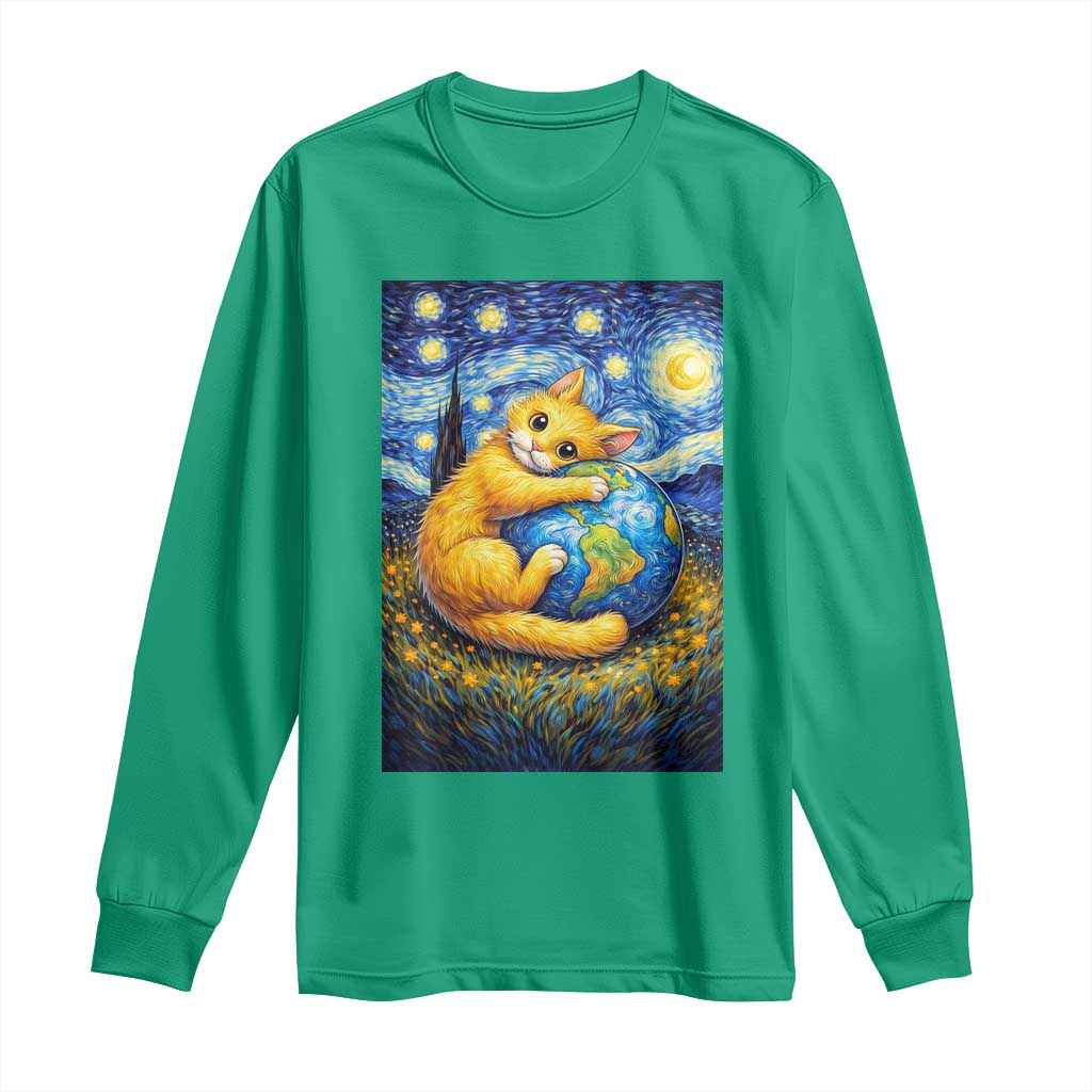 Earth Day Long Sleeve Shirt Starry Night Cat Hugging Earth