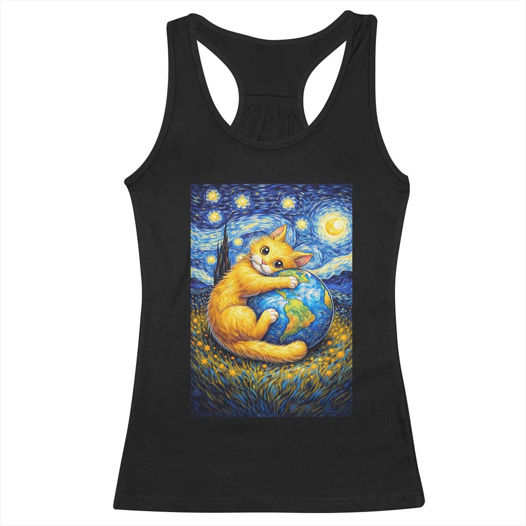 Earth Day Racerback Tank Top Starry Night Cat Hugging Earth