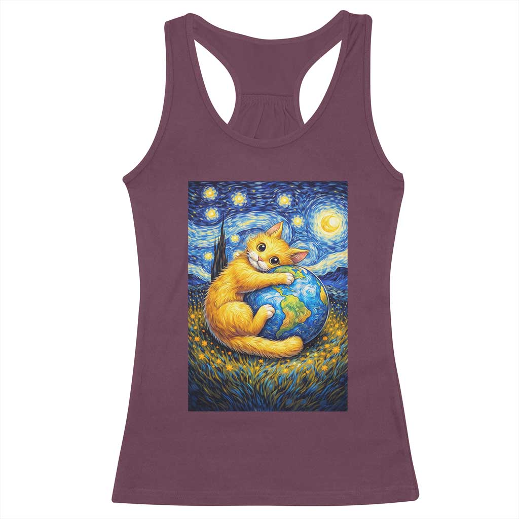 Earth Day Racerback Tank Top Starry Night Cat Hugging Earth