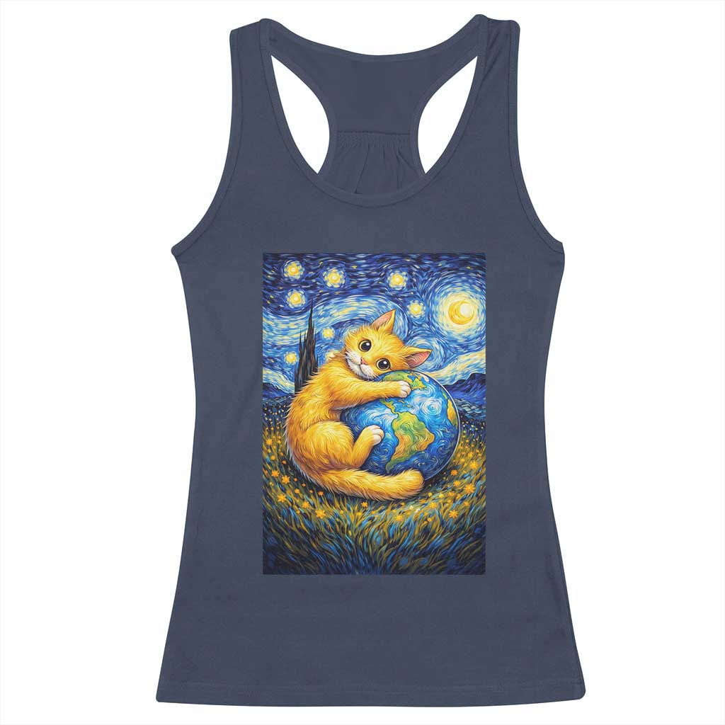 Earth Day Racerback Tank Top Starry Night Cat Hugging Earth