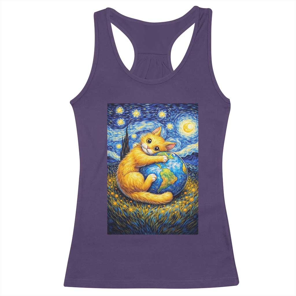 Earth Day Racerback Tank Top Starry Night Cat Hugging Earth