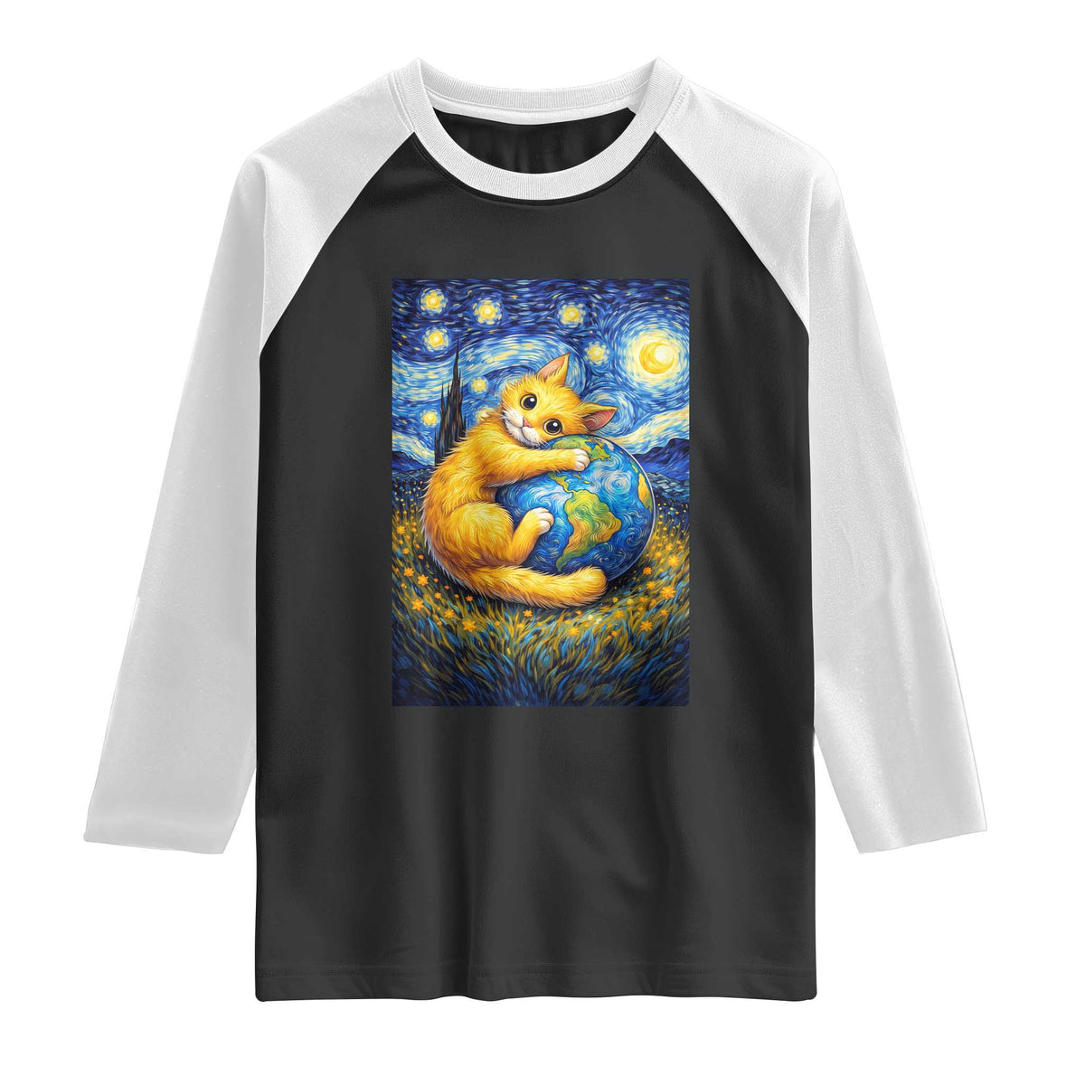 Earth Day Raglan Shirt Starry Night Cat Hugging Earth