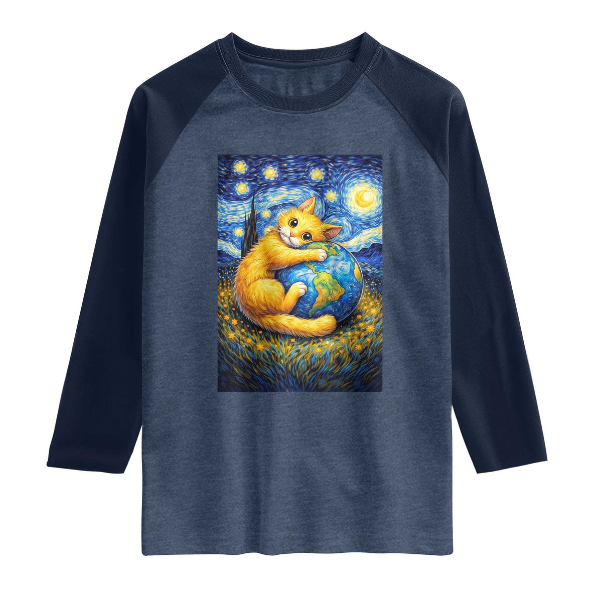 Earth Day Raglan Shirt Starry Night Cat Hugging Earth