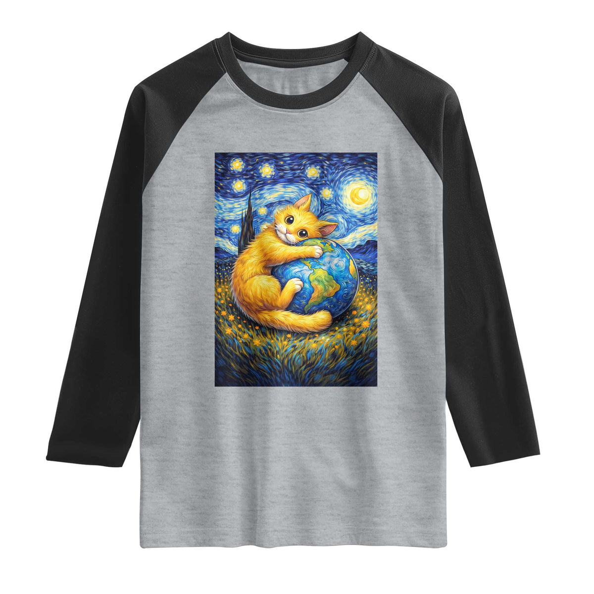 Earth Day Raglan Shirt Starry Night Cat Hugging Earth