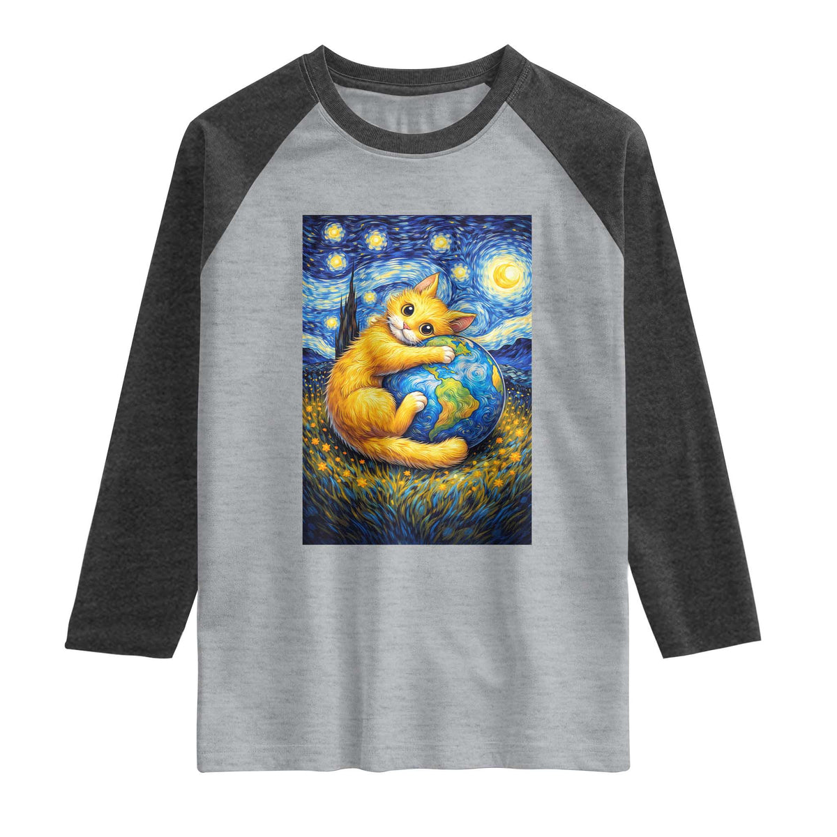 Earth Day Raglan Shirt Starry Night Cat Hugging Earth