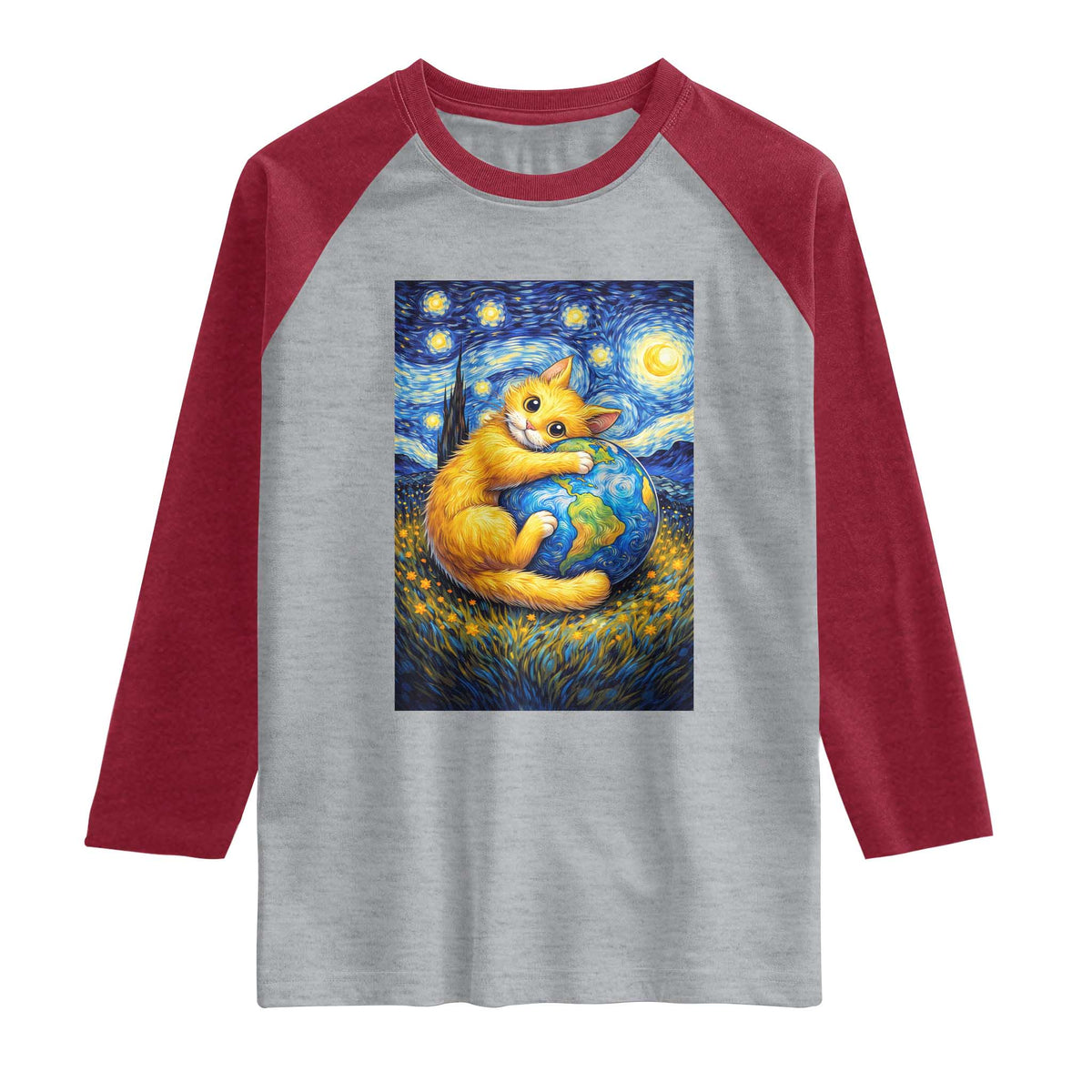 Earth Day Raglan Shirt Starry Night Cat Hugging Earth