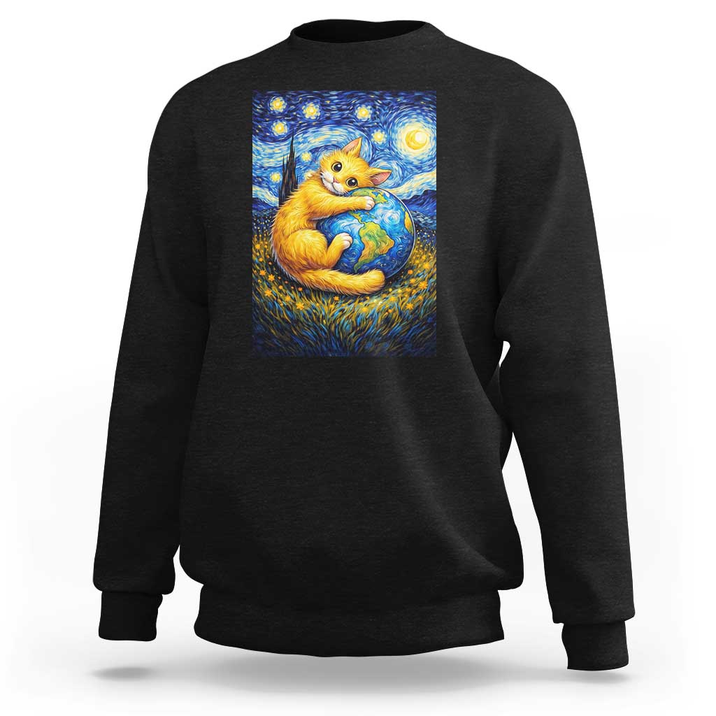 Earth Day Sweatshirt Starry Night Cat Hugging Earth