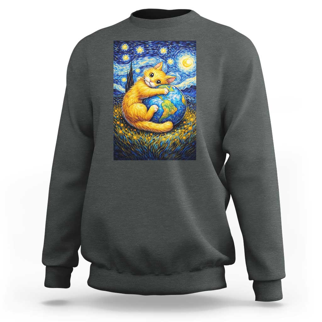 Earth Day Sweatshirt Starry Night Cat Hugging Earth