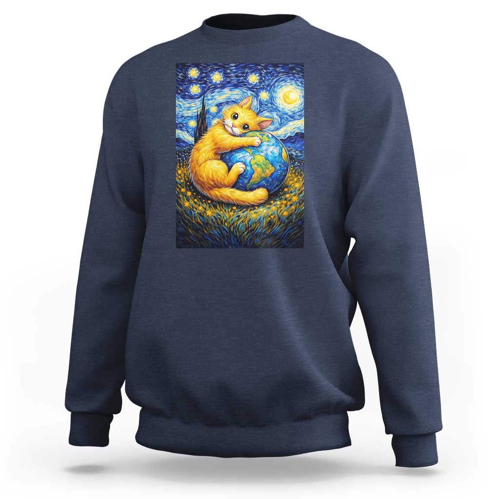 Earth Day Sweatshirt Starry Night Cat Hugging Earth