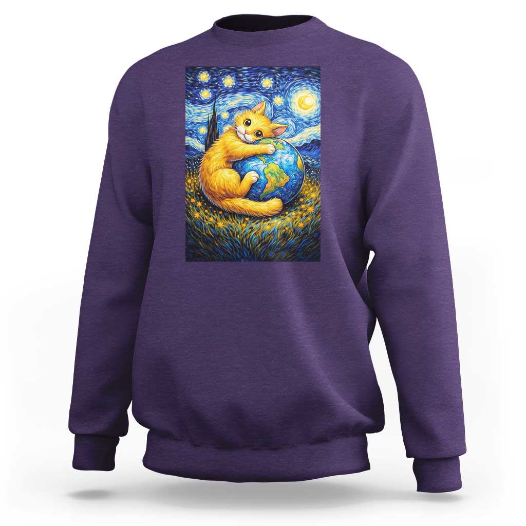 Earth Day Sweatshirt Starry Night Cat Hugging Earth