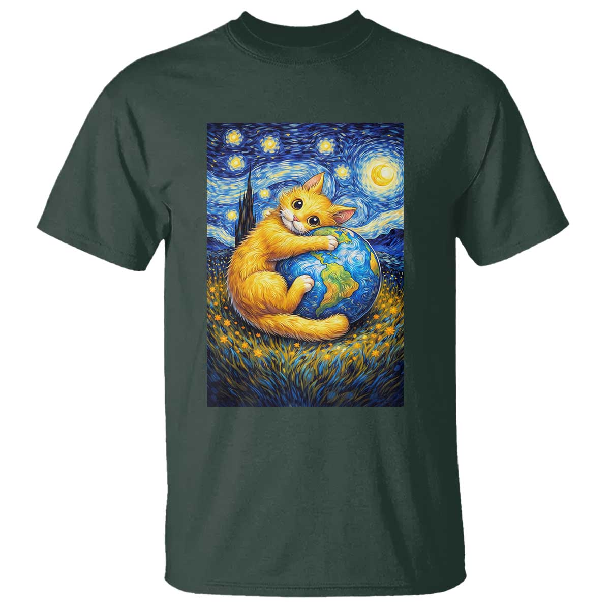 Earth Day T Shirt Starry Night Cat Hugging Earth