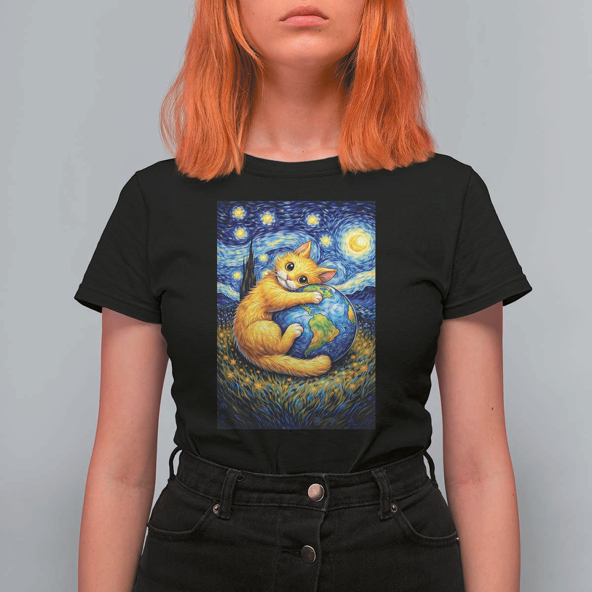 Earth Day T Shirt For Women Starry Night Cat Hugging Earth