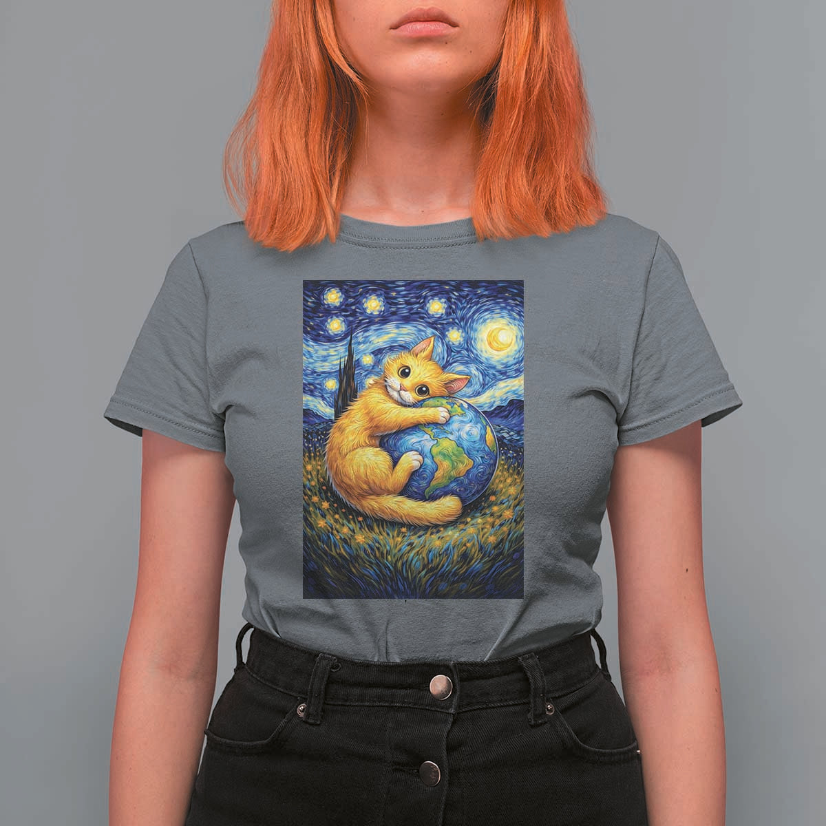 Earth Day T Shirt For Women Starry Night Cat Hugging Earth