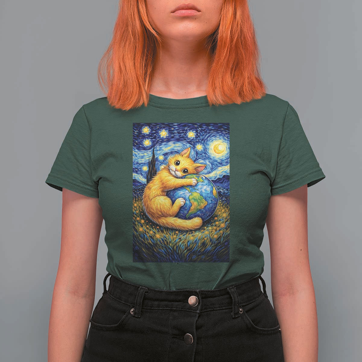 Earth Day T Shirt For Women Starry Night Cat Hugging Earth