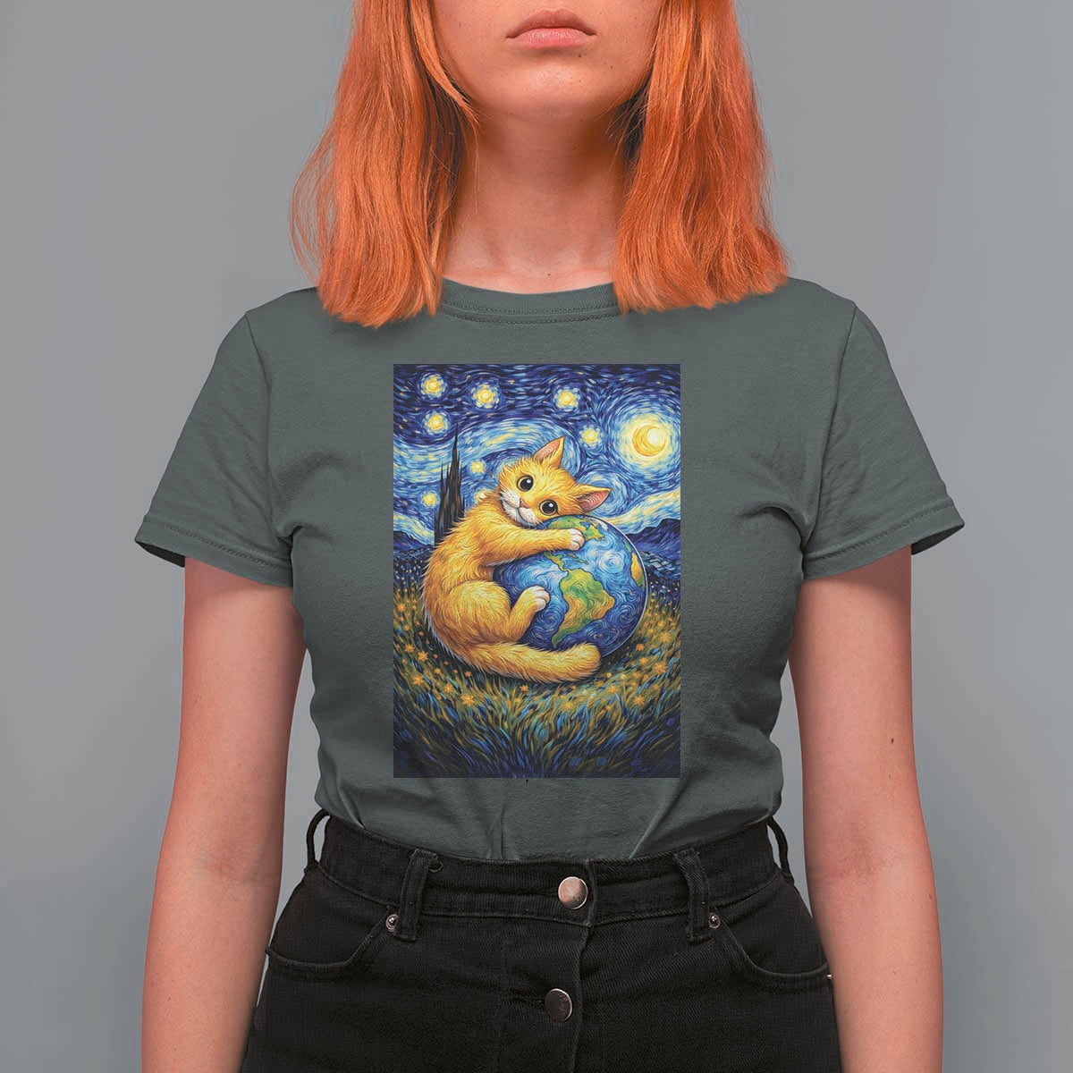 Earth Day T Shirt For Women Starry Night Cat Hugging Earth