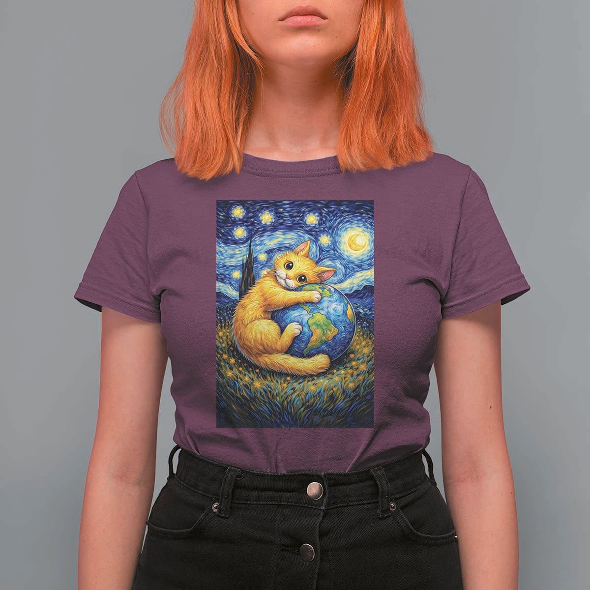 Earth Day T Shirt For Women Starry Night Cat Hugging Earth