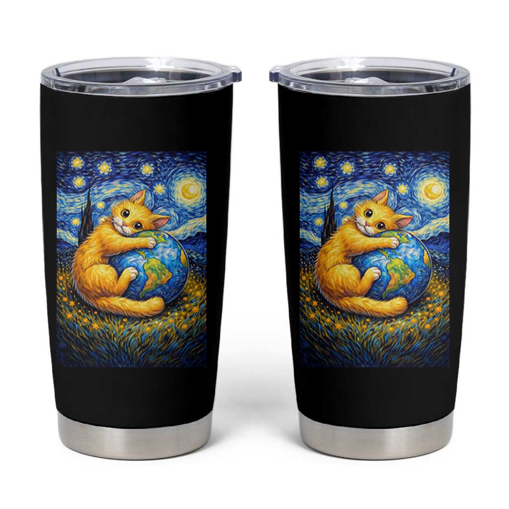Earth Day Tumbler Cup Starry Night Cat Hugging Earth