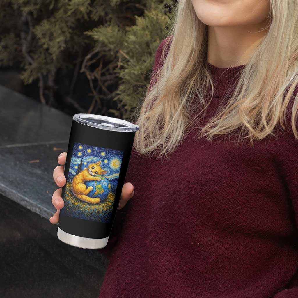 Earth Day Tumbler Cup Starry Night Cat Hugging Earth