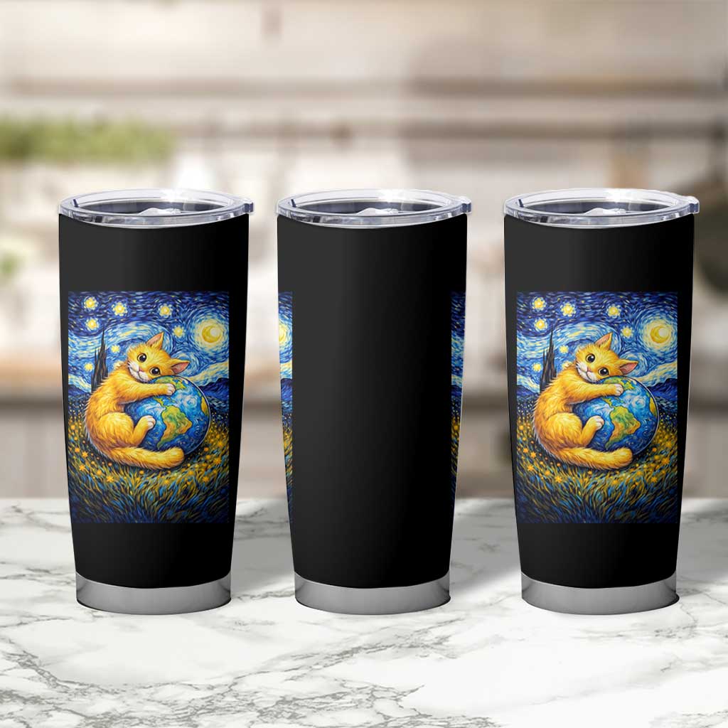 Earth Day Tumbler Cup Starry Night Cat Hugging Earth