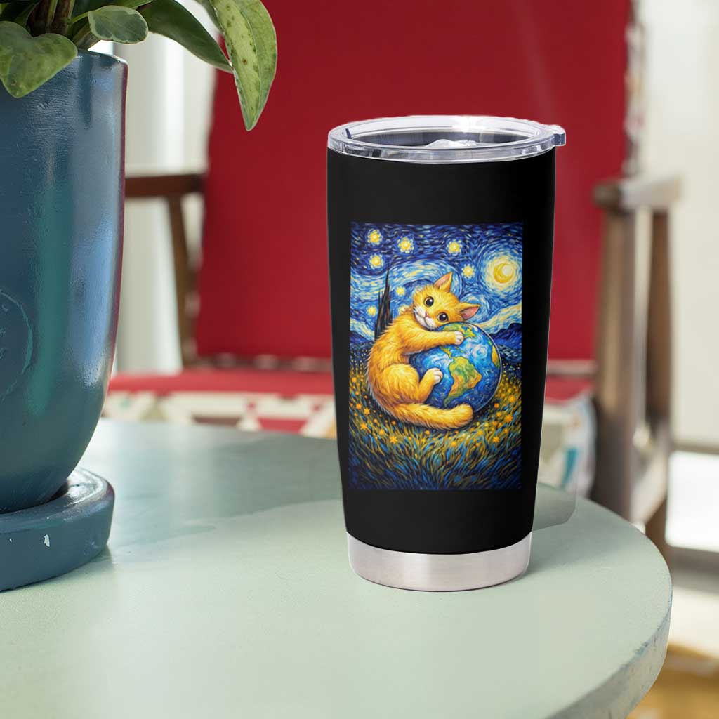 Earth Day Tumbler Cup Starry Night Cat Hugging Earth
