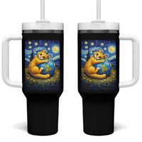 Earth Day Tumbler With Handle Starry Night Cat Hugging Earth