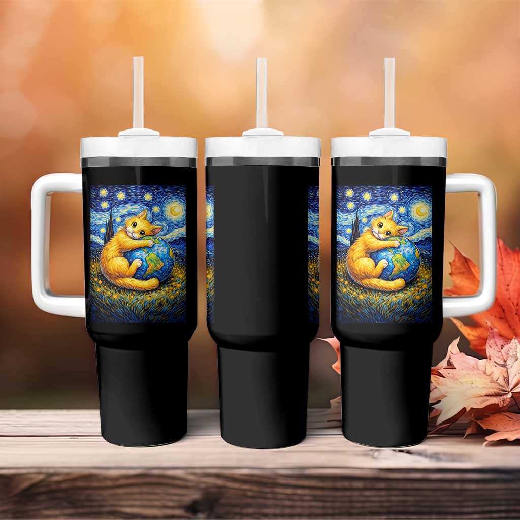 Earth Day Tumbler With Handle Starry Night Cat Hugging Earth