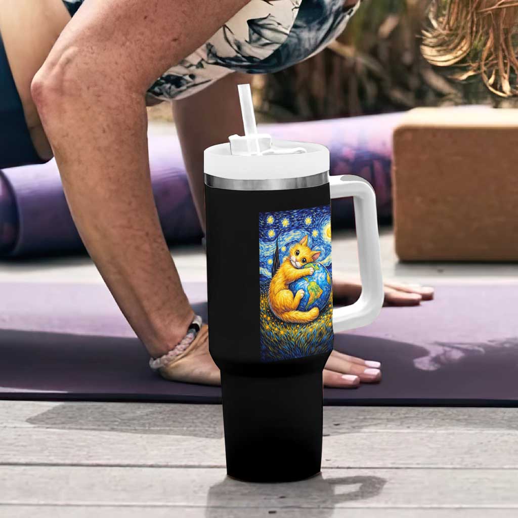 Earth Day Tumbler With Handle Starry Night Cat Hugging Earth